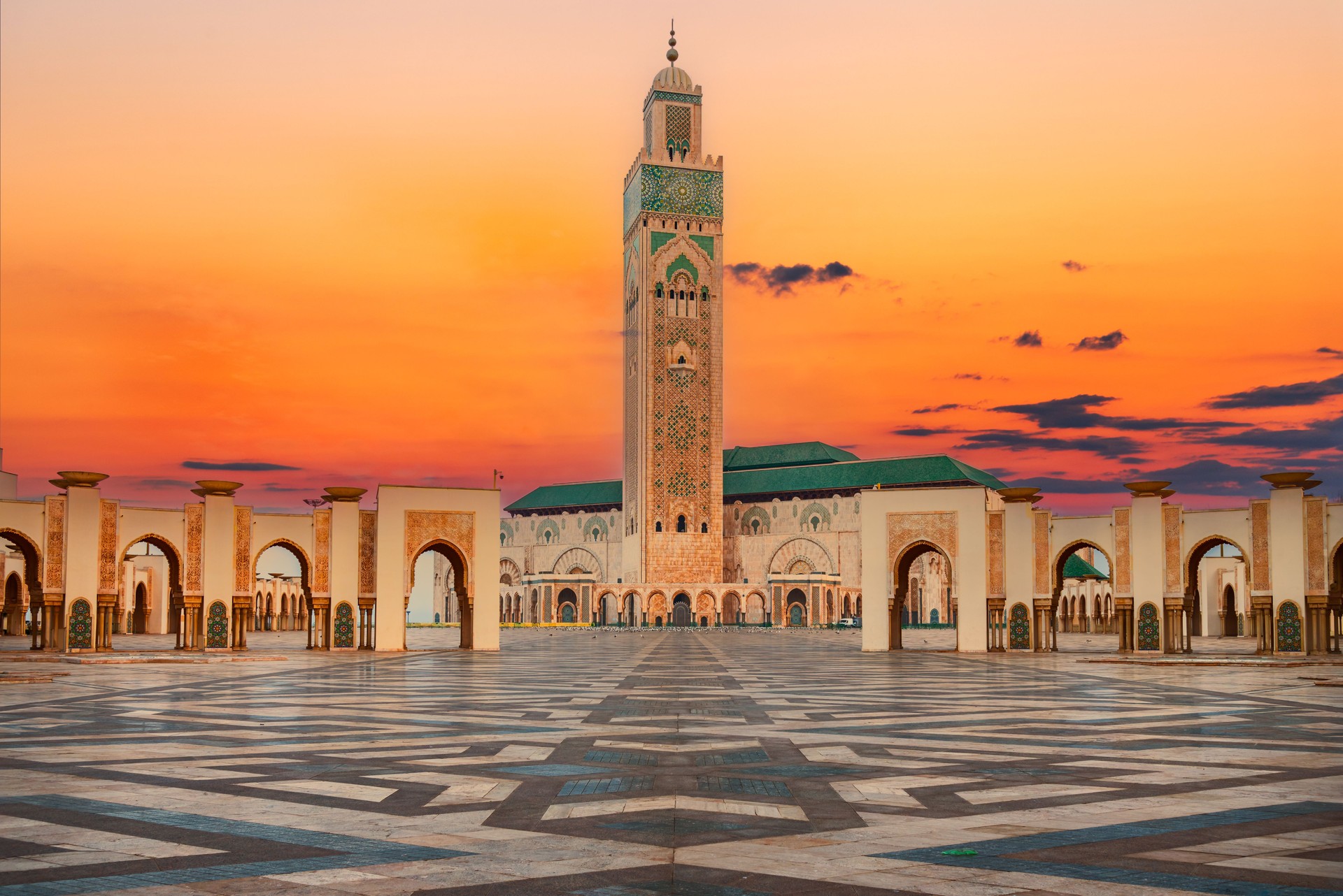 Casablanca, Morocco. Front view of the Hassan II mosque and the highest minaret in the world, Arabian style